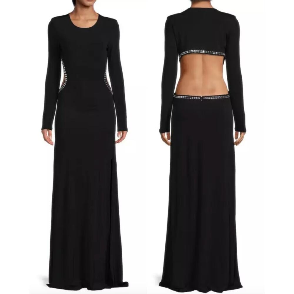 NWT Ramy Brook Emory Long-Sleeve Crystal Cut-Out Back Black Evening Gown Size 12